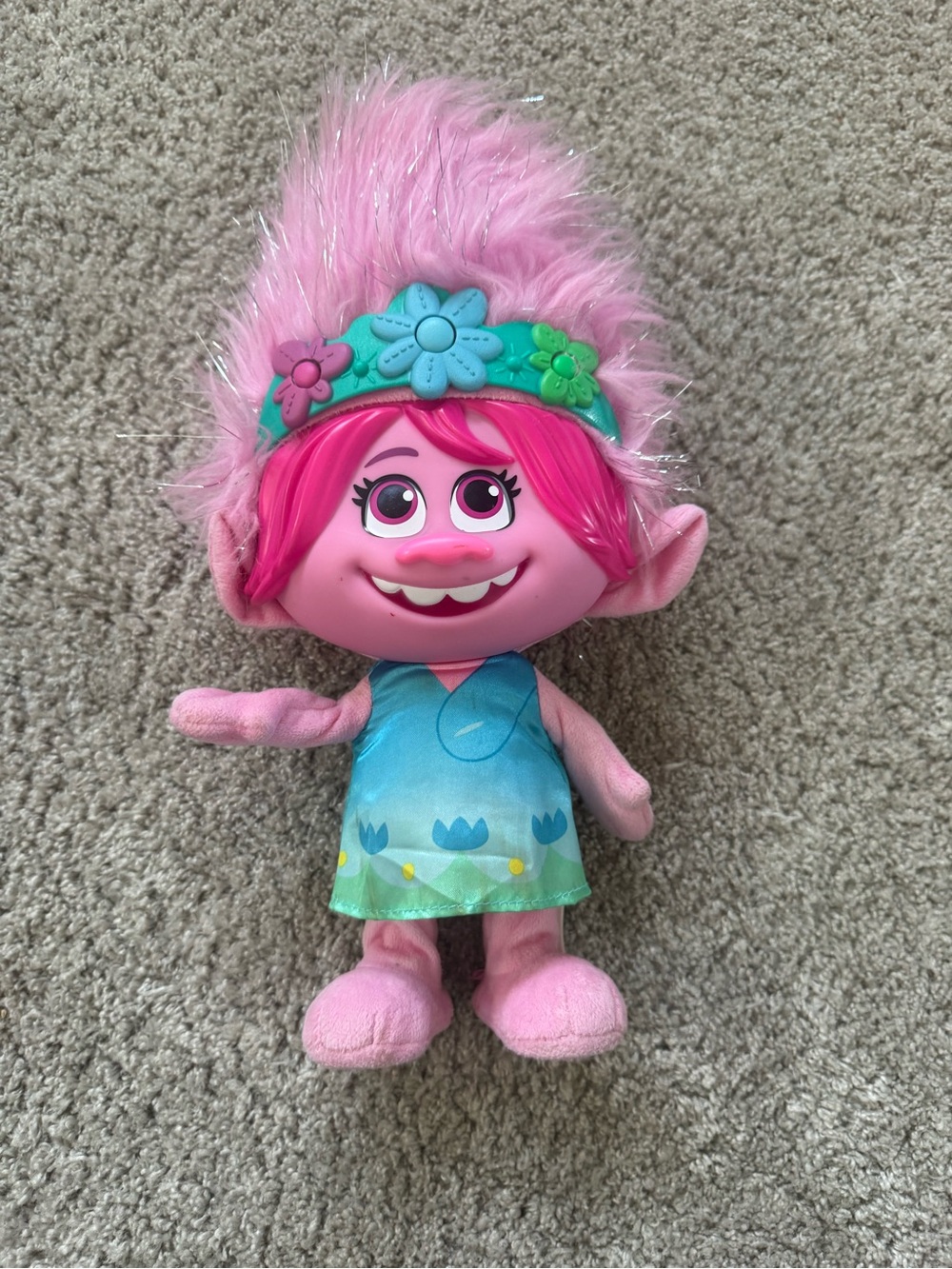 Trolls Poppy Pink Plush with Blue Green Dress and Flower Headband
